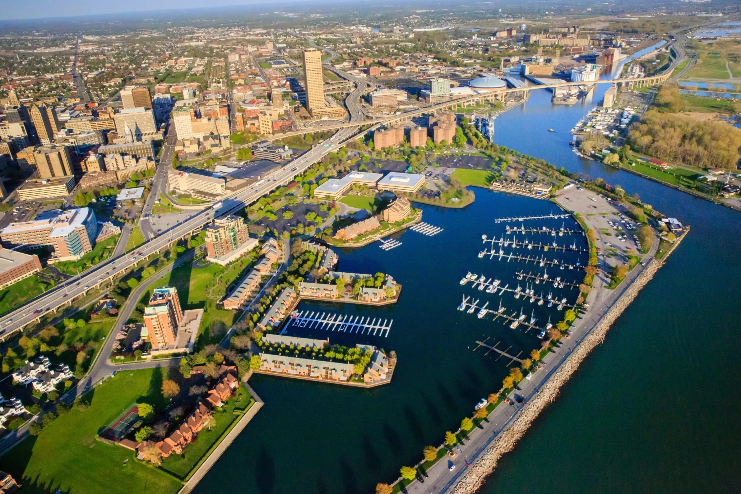 Aerial view of Canalside and the Buffalo waterfront